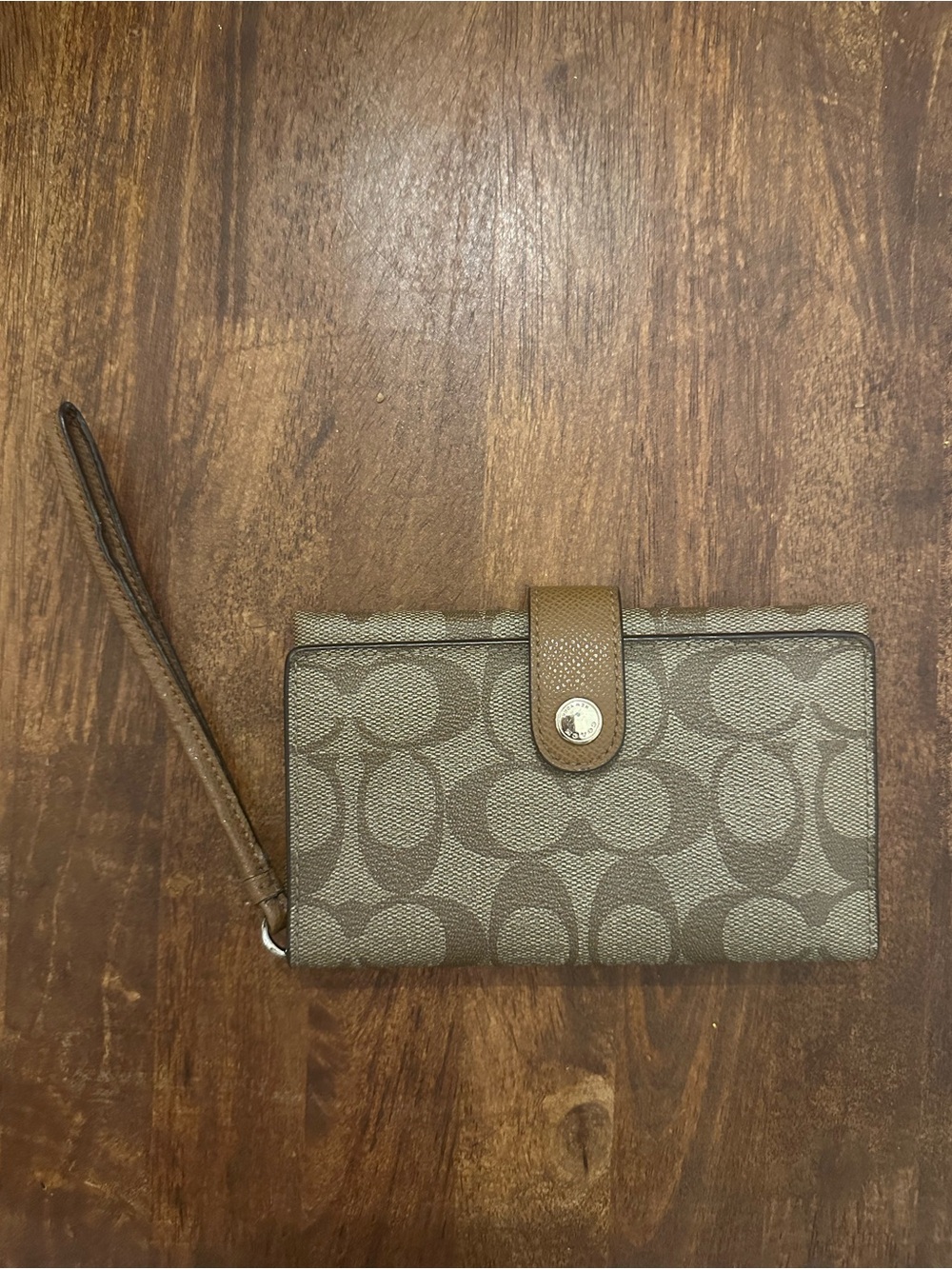 Coach Khaki and Saddle Signature Canvas Wristlet
